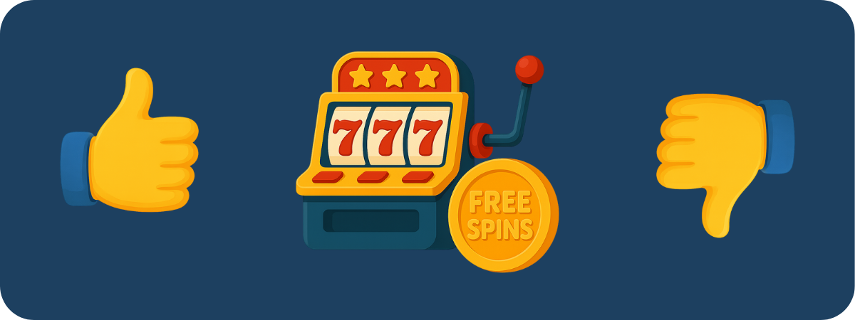 Pedagogisk bild som visualiserar fördelar och nackdelar med free spins i online slots – inkluderar symboler för gratissnurr, högre vinster, omsättningskrav och bonusvillkor