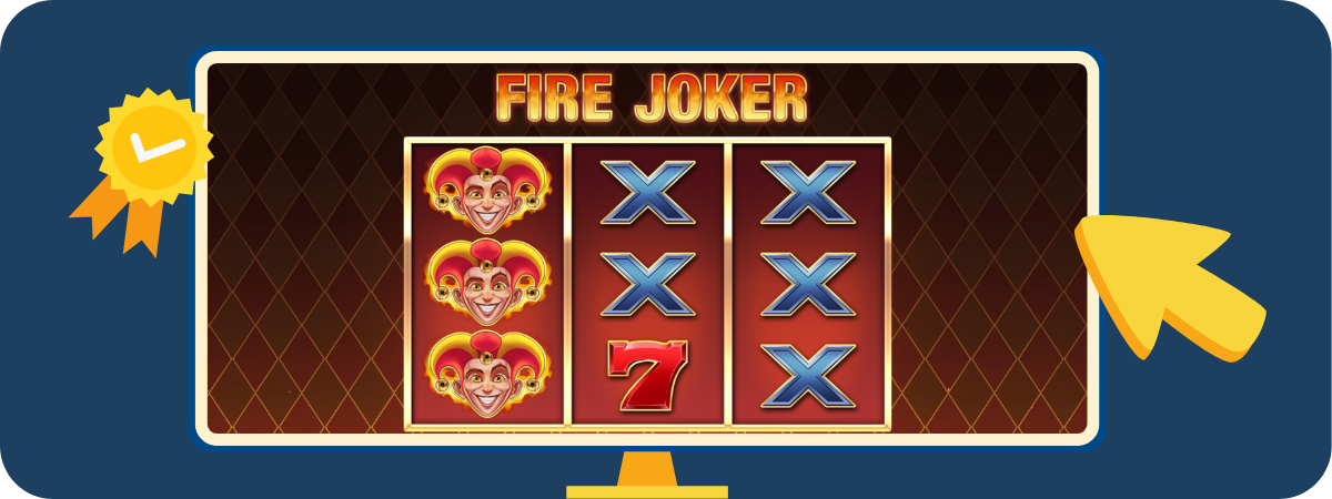 Illustration från Fire Joker, en klassisk slot med tre hjul, jokersymboler och eldig bakgrund – populär för sin enkelhet och höga vinstpotential vid respins och multiplikatorhjul