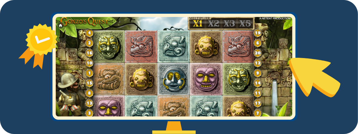 Illustration från Gonzo’s Quest, en äventyrsslot med unika fallande symboler, multiplikatorfunktion och tempelmiljö – en av NetEnts mest spelade automater på svenska casinon