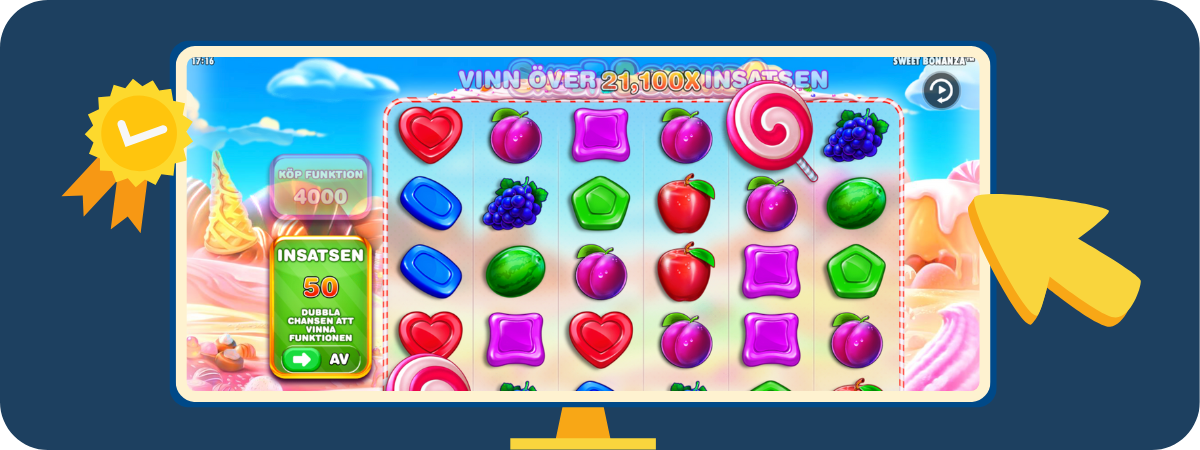 Illustration från Sweet Bonanza med färgsprakande layout, hjärtan, klubbor, frukter och insatsfunktion – en bonusfylld slot med kaskadvinster och möjlighet att vinna över 21 000 gånger insatsen