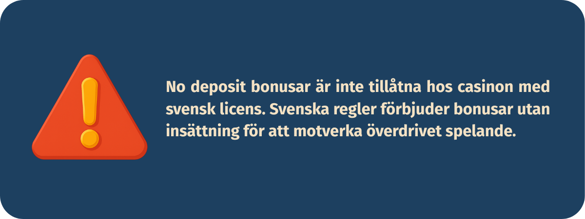Grafisk påminnelse om att svenska casinon inte får erbjuda no deposit bonusar på grund av regler mot överdrivet spelande.