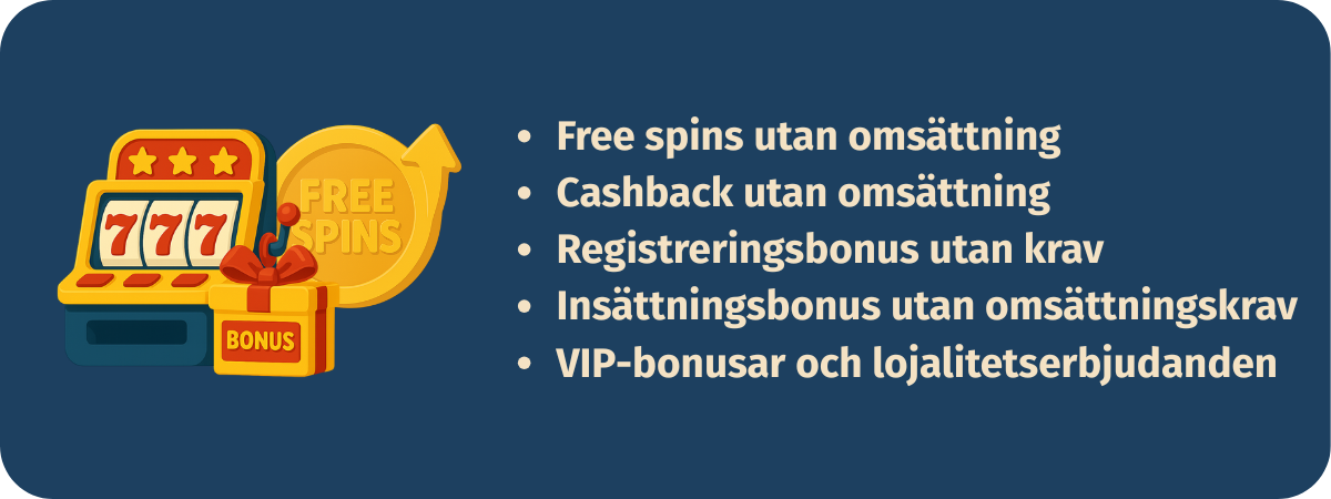 Olika typer av bonus utan omsättningskrav hos online casino – free spins, cashback, registreringsbonus, insättningsbonus samt VIP- och lojalitetserbjudanden.