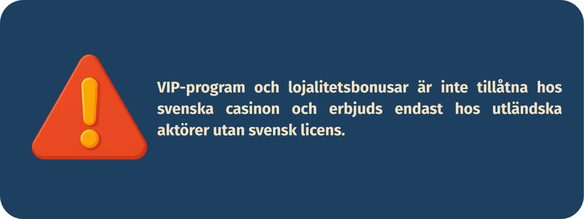 Bild som förklarar att VIP-program och lojalitetsbonusar inte är tillåtna hos svenska casinon och endast erbjuds av utländska aktörer utan svensk licens.