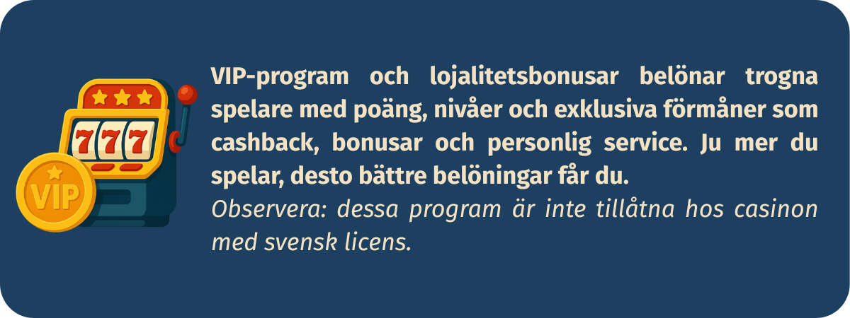 Bild som förklarar hur VIP-program och lojalitetsbonusar fungerar hos online casinon, med information om poäng, nivåer, cashback och exklusiva förmåner.