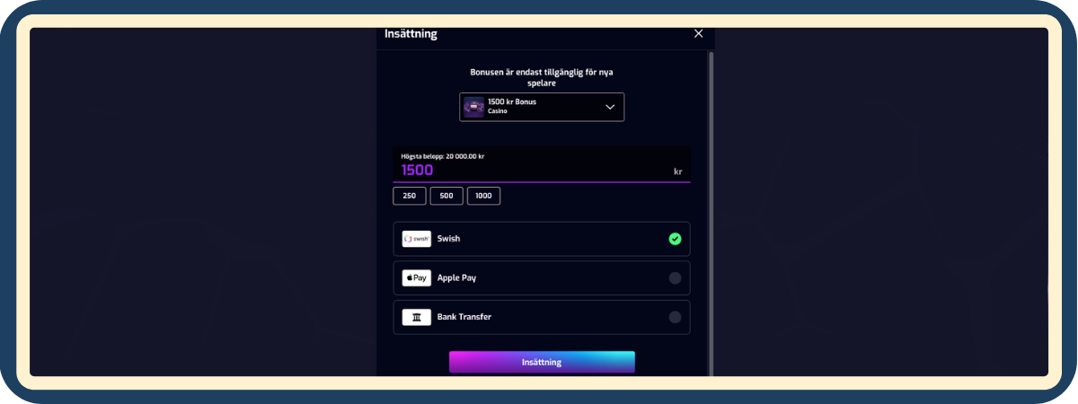 Så här aktiverar du X3000 välkomstbonus genom registrering, insättning och aktivering av erbjudandet enligt casinots bonusvillkor.