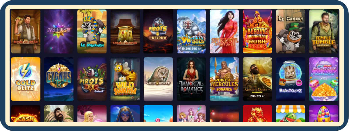 Spelautomater hos X3000 Casino med olika slots från flera spelleverantörer.