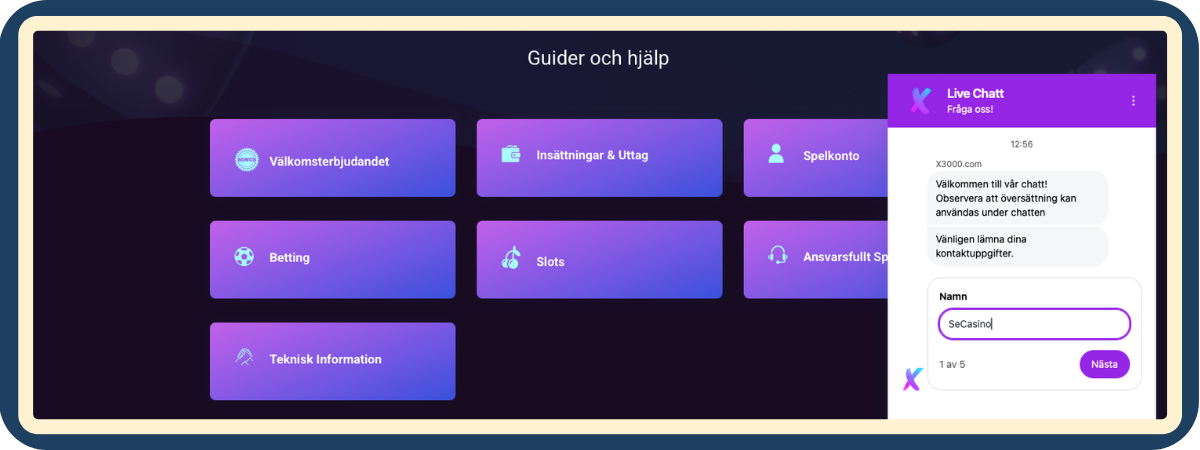Support och kundtjänst hos X3000 Casino via chatt och e-post.