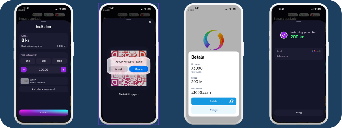 X3000 Casino med Swish för snabba och säkra insättningar.